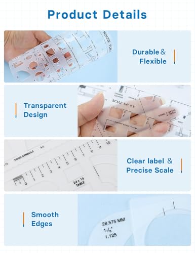 5 Pcs Architectural Templates: Circle, House Plan, Interior Design & Furniture Templates, Drafting Tools & Ruler Shapes for Architecture