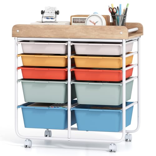 DREAMADE Rolling Storage Cart, 10-Drawer Utility Cart w/Tabletop, Rainbow - color: Rainbow