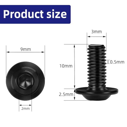 100-Piece M3-0.5 x 10mm Flange Button Head Screws - Black 304 Stainless Steel Socket Head Screws, Allen Hex Drive & Bit Included, Full Thread Machine Bolts - size: M3 x 10mm