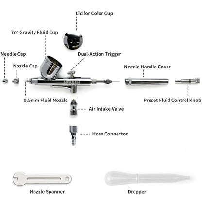 MEEDEN Airbrush Kit with Air Compressor: Dual Action Airbrush, 0.5mm, Black - color: Black, size: Single