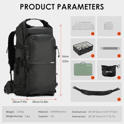 TARION Extra Large Camera Backpack 35L Expandable Rolltop XProber Black - style: Xprober Backpack
