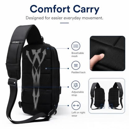OZUKO Sling Backpack for Men - Anti-Theft Crossbody Bag, Waterproof with USB Charging Port - color: Black