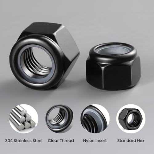 100Pcs #8-32 Lock Nuts, Nylon Insert Locknuts 304 Stainless Steel 18-8 SS Black Zinc Plated Self-Locking Nuts, Coarse Thread Hex Nylock Nut - size: #8-32