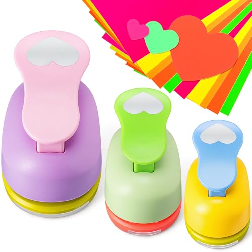 CHENGU 3 Pack Heart Hole Punch 2"/1"/0.6", Random Color - color: Random Color, style: Heart