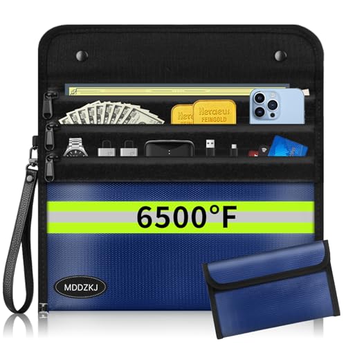 6500℉ Fireproof Money Bag Upgraded 3 Pockets,Fireproof Envelopes for Important Documents with Reflective Strip,10 Layers of Heat Insulated Materials,for Valuables,Legal Documents Safe(2 Pack) - color: Blue, size: 3pockets+Small bag