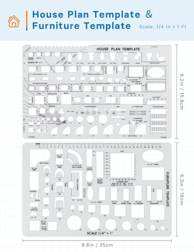 5 Pcs Architectural Templates: Circle, House Plan, Interior Design & Furniture Templates, Drafting Tools & Ruler Shapes for Architecture