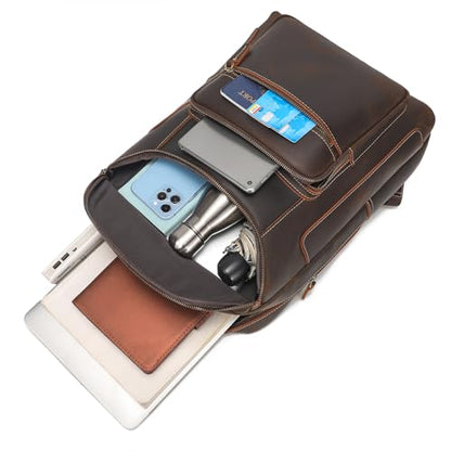 LANNSYNE Full Grain Leather Backpack For Men, 17" Laptop Backpack - color: Brown