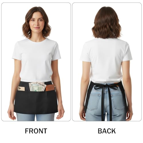 BOHARERS 4 Pack Waitress Apron With 3 Pockets-Black Server Aprons-Waiter Short Half Waist Servers Apron - color: A-4 Pack Black