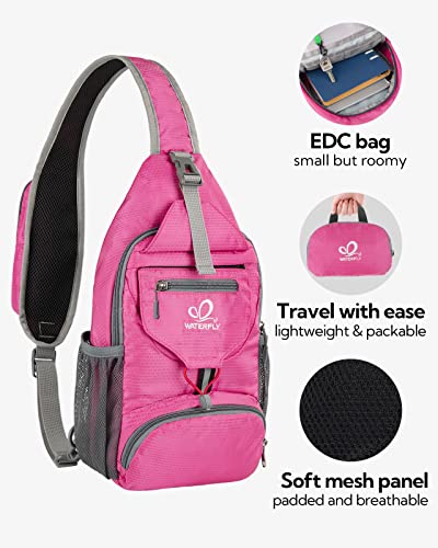 WATERFLY Packable Small Crossbody Sling Backpack Shoulder Chest Bag Daypack for Hiking Traveling - color: Pink