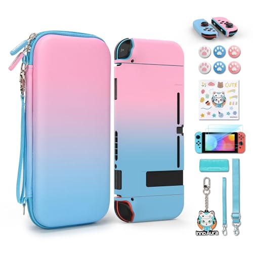 Switch Case for NS Switch, innoAura 17 in 1 Switch Accessories Bundles with Switch Carrying Case, Switch Game Case, Switch Protective Case, Switch Screen Protector (Pink-blue Gradient) - color: Switch Pink-blue Gradient