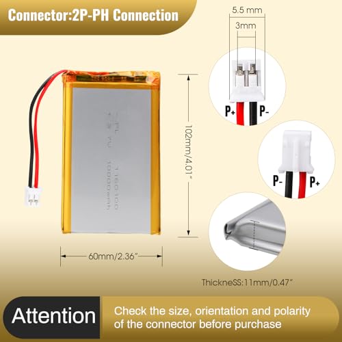 3.7V 10000mAh 1160100 Lithium Polymer Rechargeable Battery Pack with PH2.0 Plug and Protection Board for Raspberry Pi UPS and DIY Projects