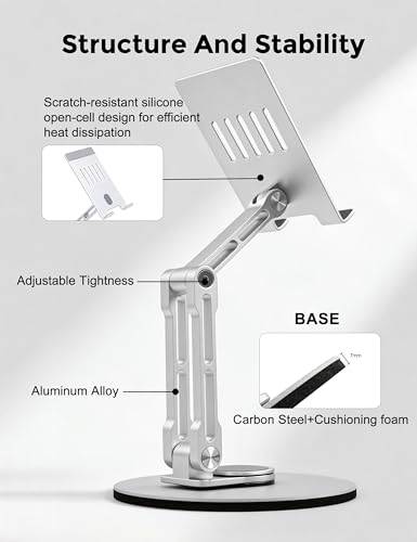 Aluminum Tablet Stand for Desk, 360° Rotating Height Adjustable - color: silver