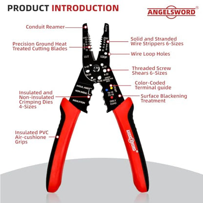 ANGELSWORD 8 inch Wire Stripper, Cable Stripper, Crimping Pliers, Wire Cutter, Wire Crimper, Multi-Function Hand Tool