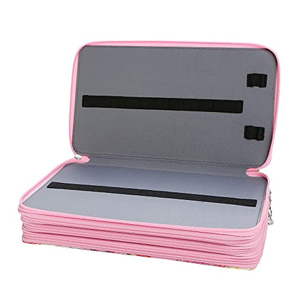 Canvas 300 Slots Pencil Case 4-Layer Zipped Holder w/Handle - color: Pink Flower, size: 300