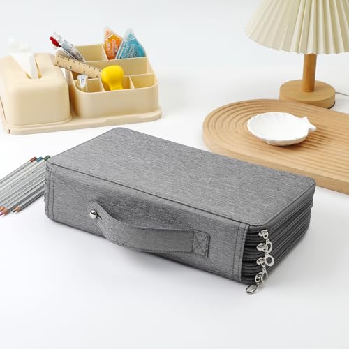 Canvas 300 Slots Pencil Case 4-Layer Zipped Holder w/Handle - color: Grey, size: 300