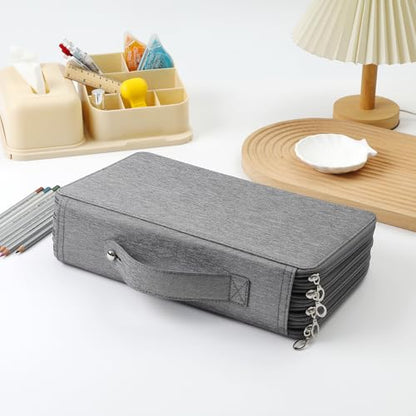 Canvas 300 Slots Pencil Case 4-Layer Zipped Holder w/Handle - color: Grey, size: 300