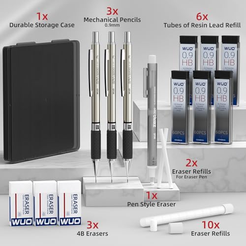 WUO 0.9 mm Mechanical Pencil Set with Eraser Pen Storage Case, 3 PCS - color: Black 3 - 0.9mm (3 Pack)