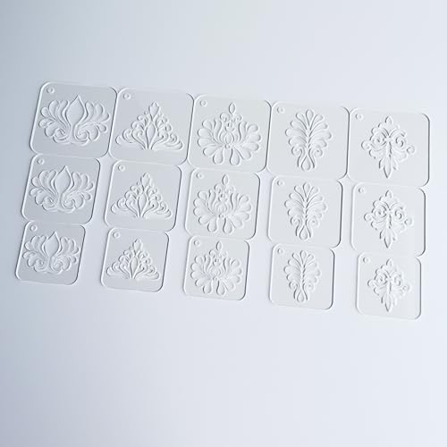 Mandala Drawing Stencils Set, Clear Acrylic, 2.95-2.17 Inch, 15 Pieces with Ring, Geometric Dot Pattern Templates for Art (Flourish Pattern)