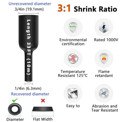 3/4" Heat Shrink Tubing, 33 Ft 3:1 Ratio Adhesive Lined Heat Shrink Tube Roll, Marine Grade Waterproof Shrink Tubing for Automotive and Electrical Industrial Black - color: Black, size: 3/4" - 33ft