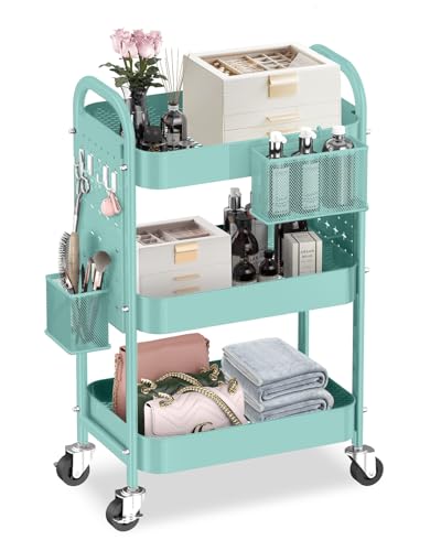 ALVOROG 3 Tier Metal Rolling Utility Cart with Pegboards,Baskets,Hooks,Blue - color: Tiffany Blue