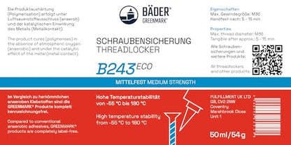threadlocker B243Eco Medium Strength Blue 10ml Bottle - high Temperature Resistant, Fluorescent - Works on All Metals and Threads, for Large Threads