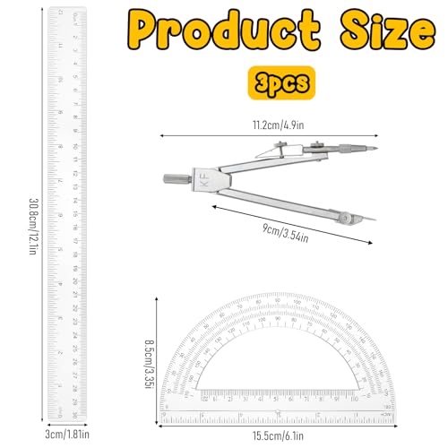Compass and Protractor Set, 3 PCS Plastic Ruler 12 Inch Clear Ruler for Drawing Transparent Drawing Measuring Rulers Compass Geometry Tool for Math Drafting Art Home Office Drawings