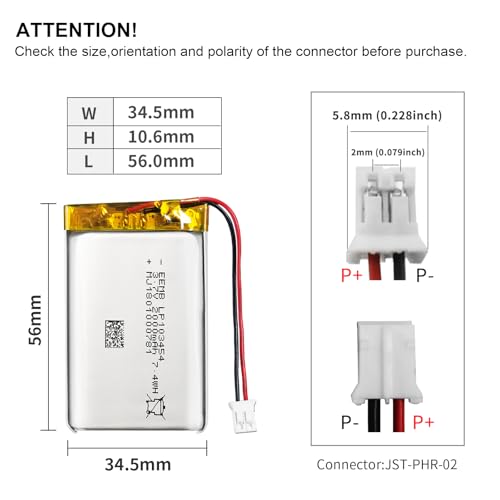 EEMB 3.7V 103454 2000mAh Lipo Battery Rechargeable JST 2.0mm 1-Pack - size: 103454(2000mAh) 1pcs
