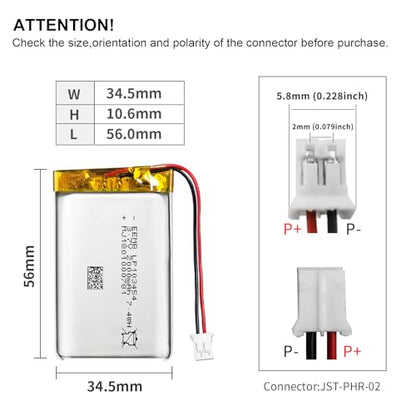 EEMB 3.7V 103454 2000mAh Lipo Battery Rechargeable JST 2.0mm 1-Pack - size: 103454(2000mAh) 1pcs