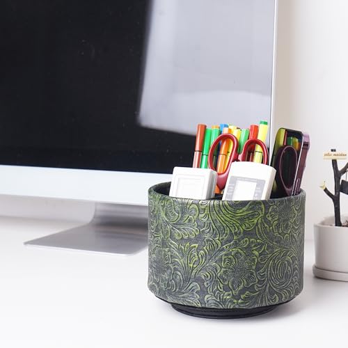 lizimandu Round Leather Art Supply Organizer,Remote Control Holder,360 Degree Spinning,Multi-Functional Pencil Holder,4 Compartments Desktop Stationary Organizer(1-Carved Metal Green2) - color: 1-Carved Metal Green2