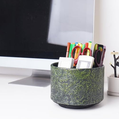 lizimandu Round Leather Art Supply Organizer,Remote Control Holder,360 Degree Spinning,Multi-Functional Pencil Holder,4 Compartments Desktop Stationary Organizer(1-Carved Metal Green2) - color: 1-Carved Metal Green2