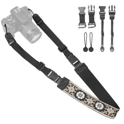 Adjustable Camera Neck Strap, Vintage Embroidered Shoulder & Crossbody Camera Strap with 4 Connection Ways, Anti-Slip Camera Strap for DSLR, Mirrorless & Camcorder, Travel & Outdoor Photography Gear - color: White Flower