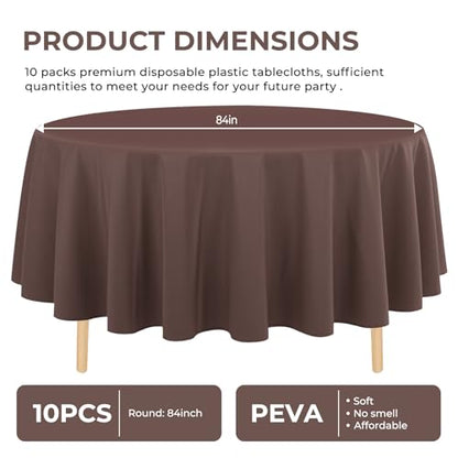 10 Pack Premium Disposable Plastic Tablecloth 84" Round Table Cover for Birthdays Weddings Christmas Anniversary Buffet Table (Brown) - color: Brown, size: 84" Round