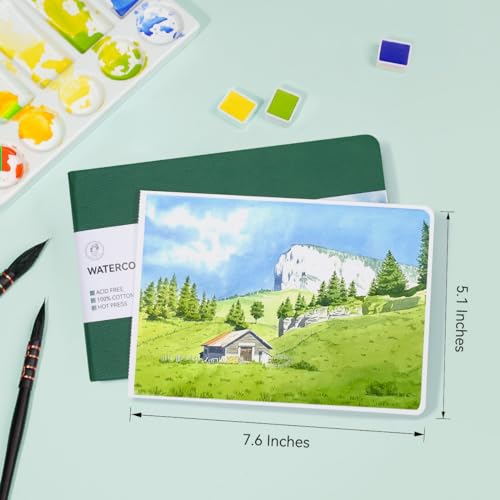 Lightwish Watercolor Journal, 100% Cotton Acid-Free Hot Press 300gsm/140lb - color: Green, size: 7.6*5.1 Inches