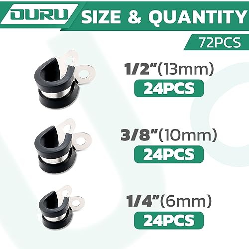OURU 72PCS Cable Clamps Assortment Kit,Rubber Coated, 1/4"-1/2" 3 Sizes - size: 72PCS