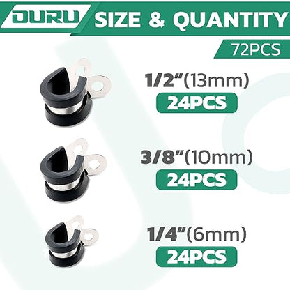 OURU 72PCS Cable Clamps Assortment Kit,Rubber Coated, 1/4"-1/2" 3 Sizes - size: 72PCS