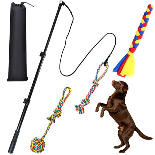 Flirt Pole for Dogs, Heavy Duty Dog Teaser Wand with 3 Replacement Rope - color: yellow