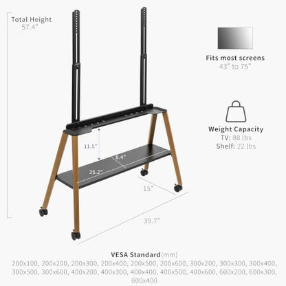 VIVO Rolling Artistic 43 to 75 inch LED LCD Screen Mobile Studio TV Easel Stand, Wood Accessory Shelf, Adjustable TV Mount with 4 Walnut Legs, Black Frame, STAND-TV75R - color: Walnut