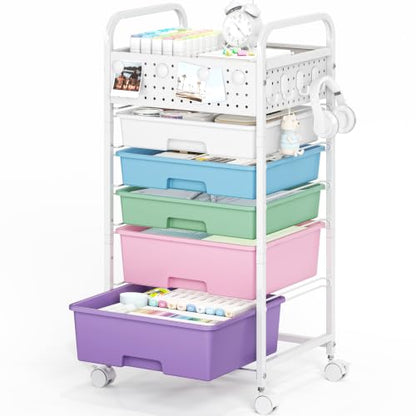 5 Drawer Rolling Storage Cart with Pegboard Top and Hooks, Ice Cream - color: Ice Cream, size: 5-Drawers