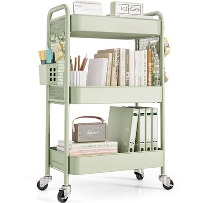 TOOLF 3 Tier Rolling Cart, Metal Utility Storage Cart with Pegboard, Green - color: Green, size: 3-Tier