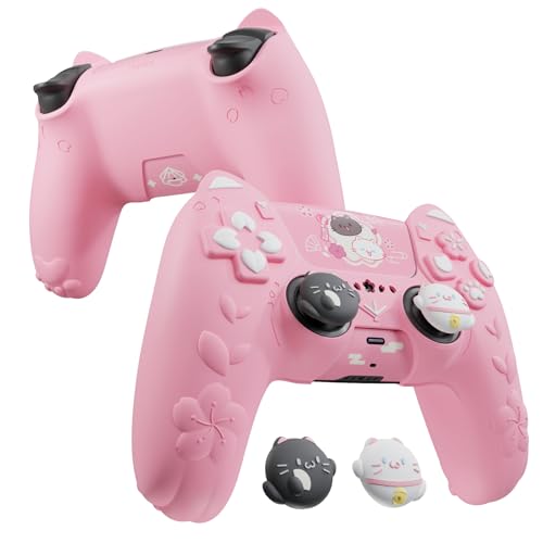 PlayVital for PS5 Controller Cover Skin - Cherry Blossoms Kitten Anti-slip Grip Skin with Thumb Grip & Sticker - Soft Rubber Protector for PS5 Controller Accessories - Pink - color: Pink