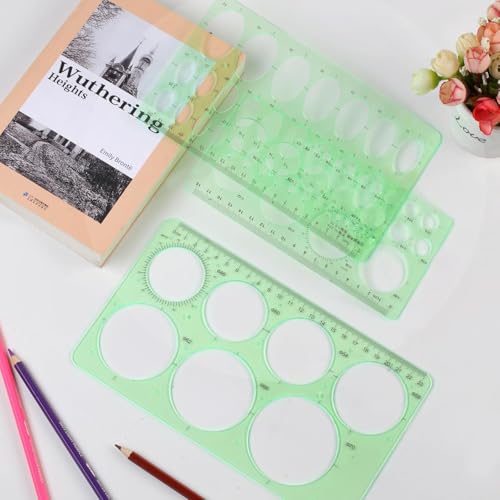 5PCS Circle Template Measuring Geometry Ruler Geometric Drawings Stencils Rulers, Plastic Circle and Oval Measuring Templates(Green)
