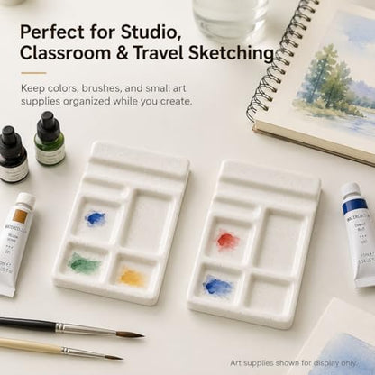 2 Pack Mini Ceramic Watercolor Palette with Brush Rests - color: Warm Beige