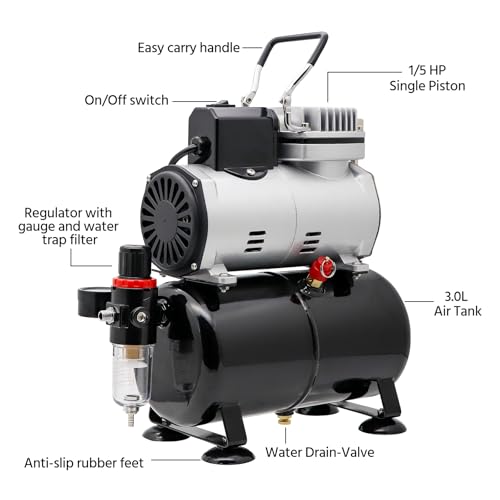 Single-Piston Oil-Free Airbrush Compressor with Cooling Fan, 3L Tank, Regulator & Moisture Trap – for Hobby Painting, Temporary Tattoos, Model Art, Automotive Graphics, Makeup