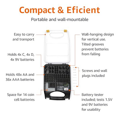 Amazon Basics Portable Battery Storage Case with Tester, Wall-Mounted Design, Carrying Handle, Holds 110 Batteries, 9.37 x 11.69 x 2.91 inches, Clear/Black