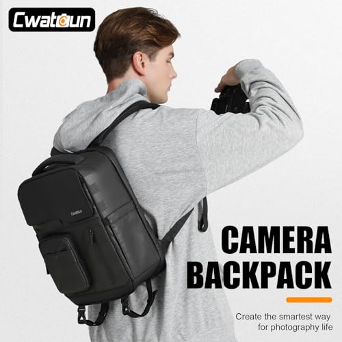 Cwatcun PU Leather Camera Backpack, DSLR Bag with Tripod Holder - color: Black, size: 9.0 Small