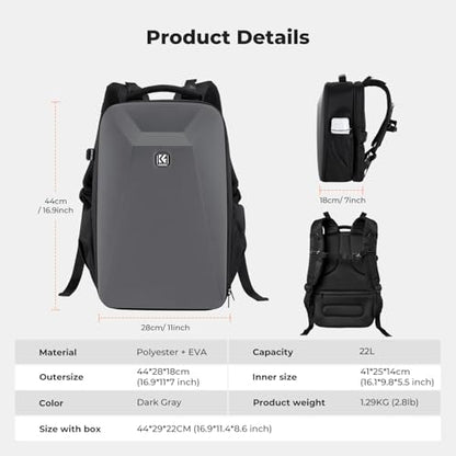 K&F CONCEPT Camera Backpack,Hardshell Photography DSLR Camera Bag - color: Deep Grey