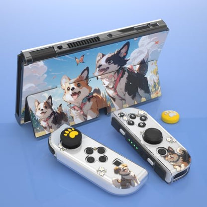 NANANINO Protective Case for Switch OLED – Cute Hard Shell with Kickstand, Screen Protector & 2 Thumb Grips – All-In-One Dockable Cover for Girls, Compatible with Switch OLED Console - color: Dog