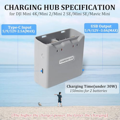 2 Pack Mini 4K/2 Series Intelligent Flight Battery with Two-Way Charging Hub for DJI Mini 4K/2 SE/2/SE - Extended 2400mAh-7.7V Drone Replacement Battery Pack&Charger Combo