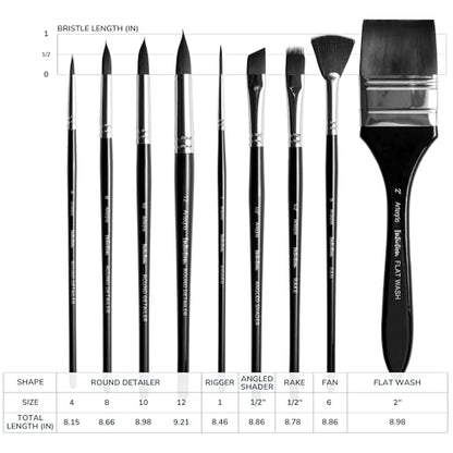 ARTEGRIA Watercolor Brush Set, 9 Soft Synthetic Squirrel Brushes - color: Black - 9pcs