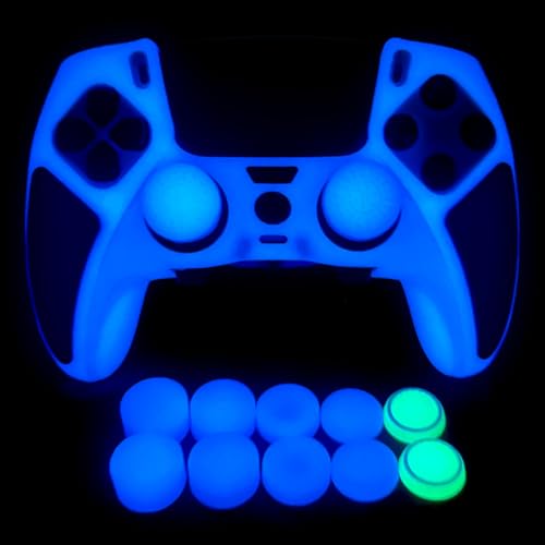 Glow in The Dark Controller Skin,Blue Anti Slip Soft Thicked Studded Silicone Cover Skins Compatible with ps5 dualsense Edge,Include 8 PCS Thumb Grips Caps and 2 Grips Caps Glow in The Dark. - color: Glow Blue Black